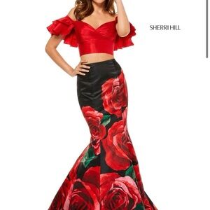 Sherri Hill Red and Black Rose Print Off-Shoulder Gown